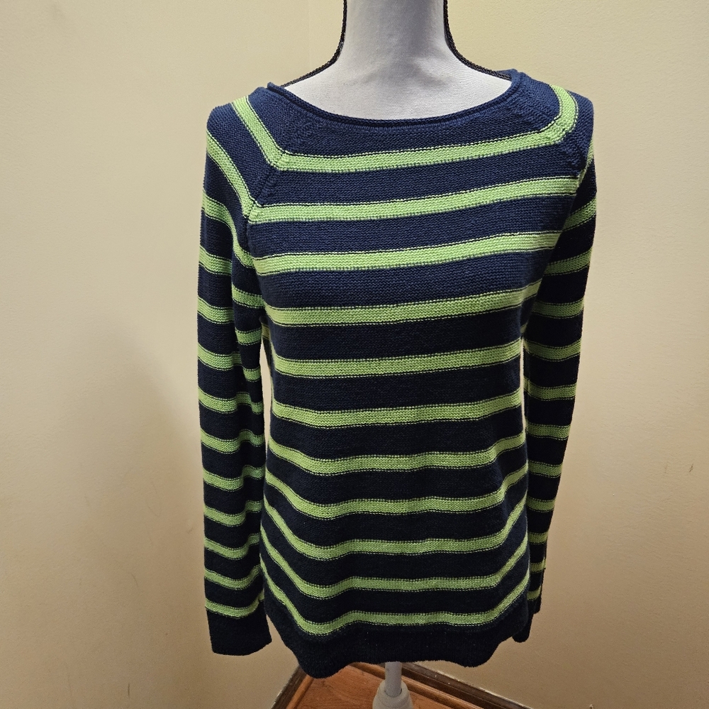 Chaps Striped Dark Blue and Green Neon Sweater